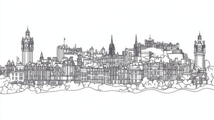 Fototapeta premium One-line art of the Edinburgh skyline presented as a horizontal banner — vector template ideal for design use. 