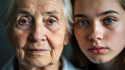 Emotional portrait elderly woman and young girl close together - two generations