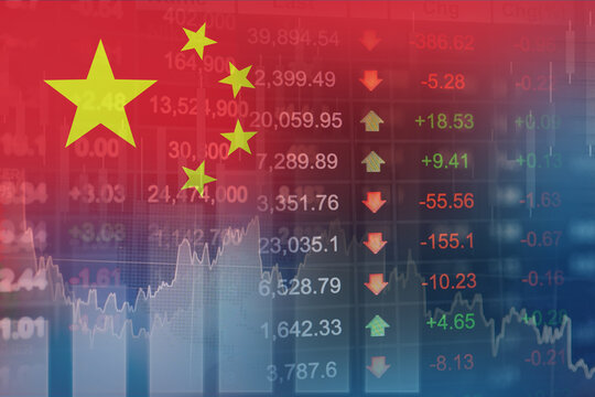 China flag with stock market finance, economy trend graph digital technology.