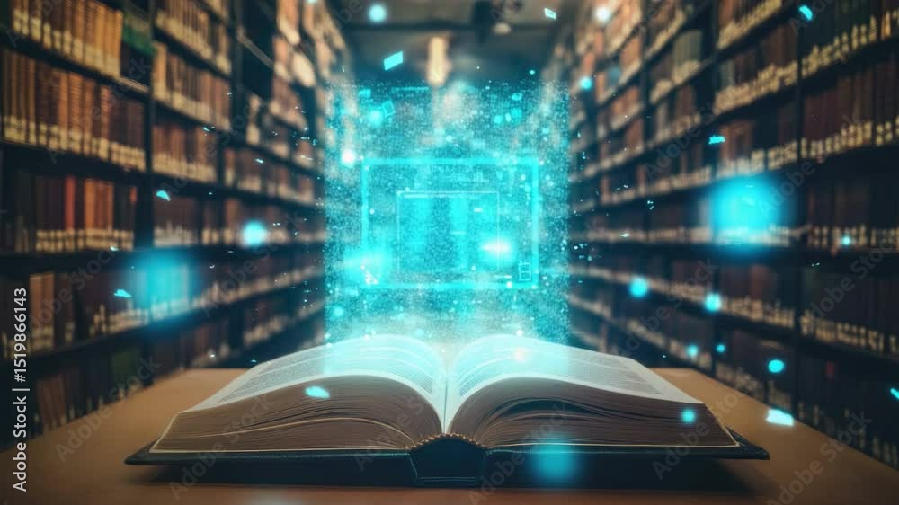 Aufkleber open book with digital elements in a library surrounded by rows of books and floating data particles