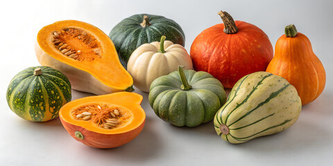 Various types of colorful squash and pumpkins are arranged on a white surface