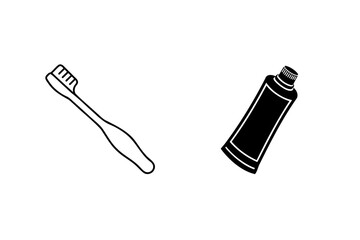 Black and white illustration of a toothbrush and a tube of toothpaste for dental hygiene.