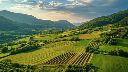 Fototapeta premium Serene Valley Landscape: Lush Green Fields and Rolling Hills