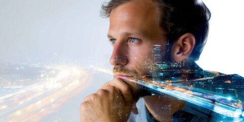 Double exposure of a thoughtful man with city traffic overlay, representing mental health and urban stress