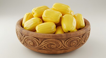 Ripe Jackfruit Segments in a Carved Wooden Bowl on a Light Background