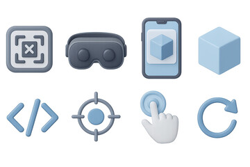 Fototapeta premium AR_VR Coding Icons. 3D icons set of AR/VR mobile coding: AR marker, VR headset, smartphone overlay, 3D cube, code brackets,