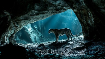Leopard Stalking Out of Cave Entrance with Dramatic Lighting in Jungle