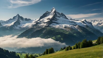 Obraz premium The Swiss Alps are a mountain range in the country of Switzerland that features meadows, valleys, and lush forests. Travel location wallpaper featuring snow-capped mountain peaks in the distance.
