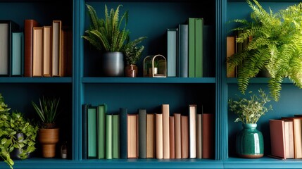 Minimalist Office Background With Greenery, Bookshelves, And Virtual Meeting Setup