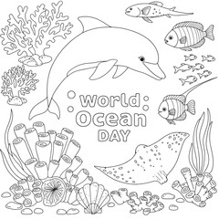 world oceans day concept illustration, World oceans day design with underwater sea, sharks, corals, sea plants, stingrays and turtles on a blue background.