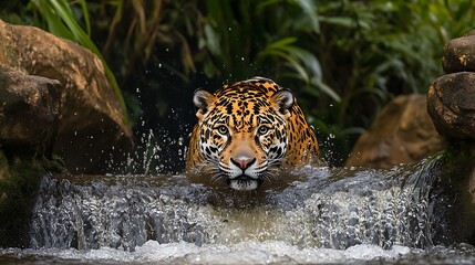 Jaguar Swimming in Stream Through Waterfall in Lush Jungle Environment