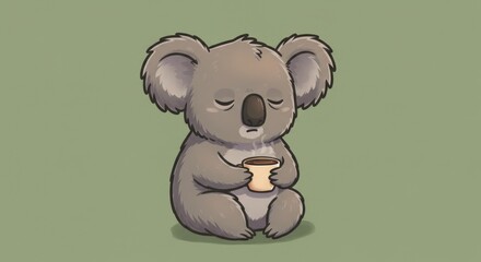 Cute koala holding a cup of coffee, appearing sleepy