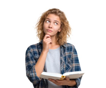 Thoughtful young woman pondering an open book, looking upward and considering ideas.