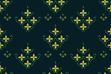 Geometrical floral pattern of light green and yellow on dark green background. Simple flower seamless. Concept of abstract shape, bouquet, modern, ethnic, elegant for fabric print, texture, embroidery