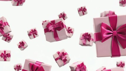 Pink gift boxes falling on white background
