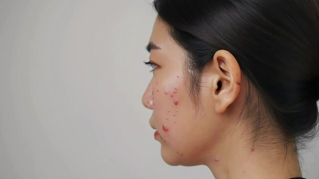 Young asian woman showing acne problems on white background