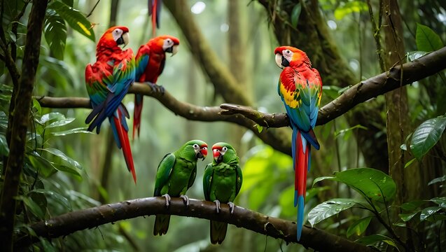 Scarlet macaws and green parrots in lush rainforest