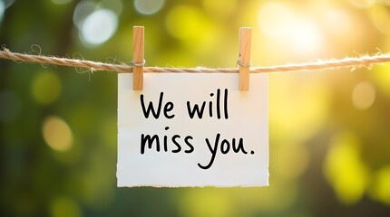 "We Will Miss You" Farewell Note Hanging on Twine with Sunlight and Bokeh Background, Goodbye Message, Outdoor Setting Illustration