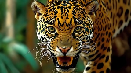 Obraz premium Roaring Jaguar Portrait with Intense Gaze in Natural Habitat