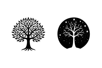 Two stylized black and white tree illustrations symbolizing day and night concepts
