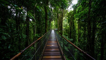 Elevated wooden walkway through lush rainforest canopy