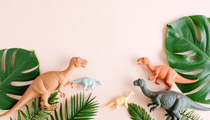 Adorable dinosaur family on pastel background providing ample space for text