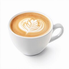latte with leaf art in white cup