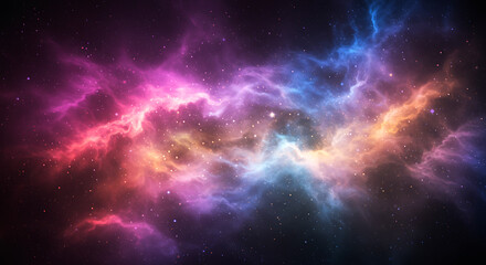 Vibrant cosmic nebula with swirling clouds of pink, purple, blue, and orange gas and distant stars. Abstract deep space galaxy background.
