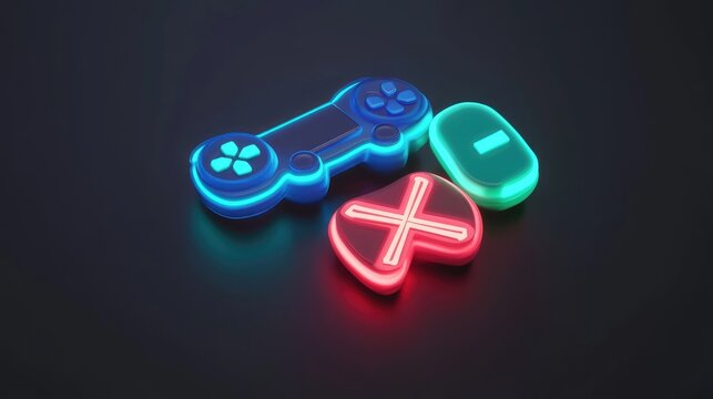 Glowing neon gamepad and action buttons on dark background