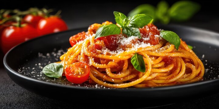 A High Resolution image of delicious spaghetti with tomato sauce on black plate. Garnished with fresh basil leaves, parmesan cheese, tomatoes. Italian pasta dish at luxury restaurant.