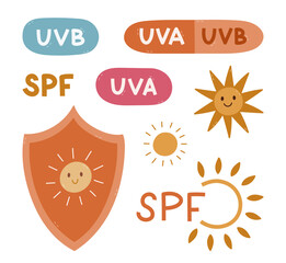 Lovely cartoon set with SPF protection symbols. Childish hand drawn clipart with shield with sun, bubbles with UVA and UVB signs for sunblock, sunscreen product isolated on background.