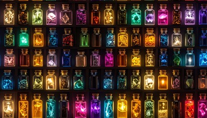 Fototapeta premium Enchanting array of glowing potions, seamless pattern of magical vials