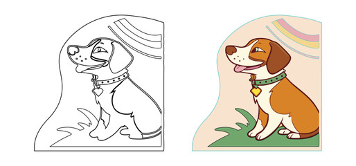 Adorable dog illustration with a happy expression featuring color and a black and white outline suitable for various design projects