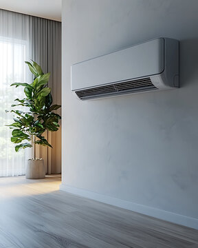 Modern Room with Wall-Mounted Air Conditioner and Potted Green Plant