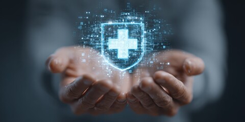 A High Resolution image of hands hold digital shield with medical cross. Concept of innovative healthcare tech, data protection, cyber security, patient privacy. Future of medicine.