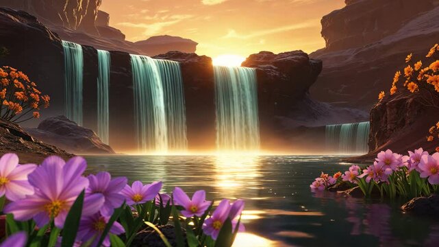 Beautiful waterfall landscape with vibrant flowers glowing sunlight and serene ambiance perfect for nature themes