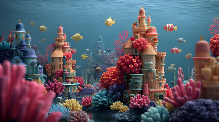 3d Cartoon of a colorful coral reef city underwater