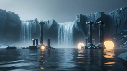 Dramatic waterfall scene with ancient pillars and illuminated spheres in a mystical landscape - Powered by Adobe