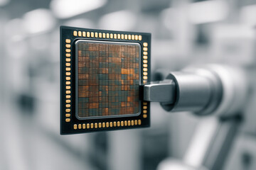 Close-Up of Advanced Silicon Microprocessor on Robotic Assembly Line