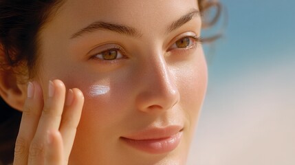 A close-up of a woman applying skincare on her face in a serene outdoor setting. The image captures natural beauty, glowing skin, and a refreshing vibe. Perfect for wellness and beauty themes. AI