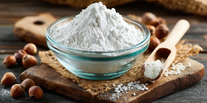 A High Resolution image of guar gum powder in glass bowl on wooden board. White powder additive derived from guar beans, used as a food additive E412, binder and excessive water.
