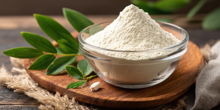 A High Resolution image of guar gum powder in glass bowl on wooden board. White powder additive derived from guar beans, used as a food additive E412, binder and excessive water.