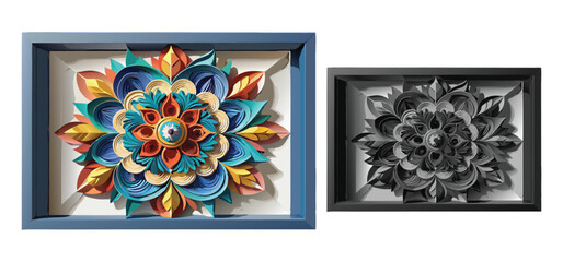 Beautiful handcrafted artwork showcasing colorful paper quilling mandala with a framed monochrome grayscale companion design