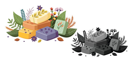 Obraz premium Beautiful illustration of handmade soap bars stacked together with leaves and flowers on a white background
