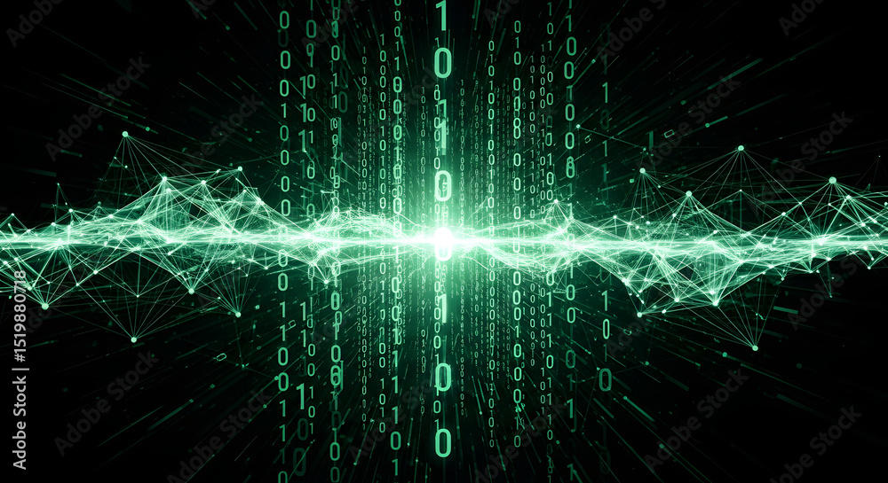 Fototapete abstract digital waveform binary code and green energy data visualization