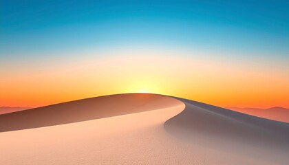 Serene desert landscape with sunrise casting shadow over curved sand dune
