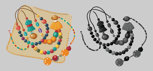 Colorful and monochrome beaded necklaces featuring geometric shapes and decorative tassels perfect for fashion designs