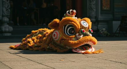 Lion dance costume rests on temple ground