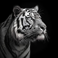A majestic tiger with striking stripes gazes upward against a dark background