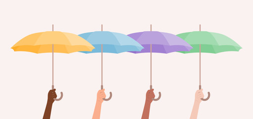 Hands of different skin tones holding up colorful umbrellas. Flat vector illustration